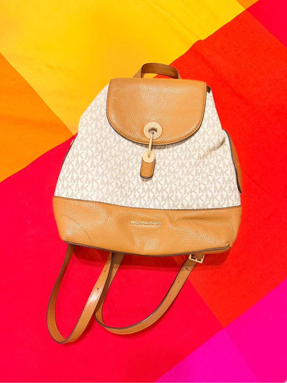Michael Kors Cream & Tan MK Logo Leather Backpack - Picture 1 of 6